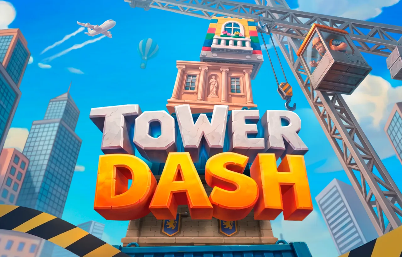 The Tower Dash title art: the game logo against a blue sky with a crane above a city